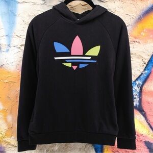 Adidas Black Hoodie with Multicolor Big Print Logo Girl’s S (See Measurements)